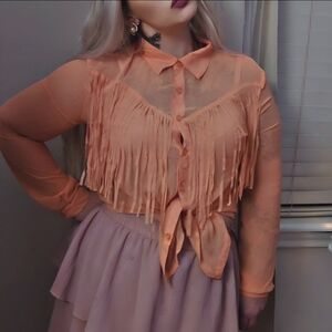 Bisou Bisou Michele Bohbot Sheer Western Fringe Button Up Top Size L
